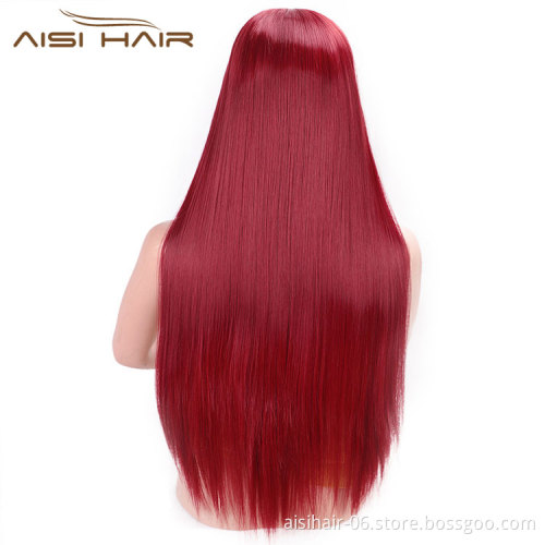 Aisi Hair High Temperature Fiber Synthetic Long Straight Wigs Wine Red Middle Part Lace Front Long Wigs For Black Women